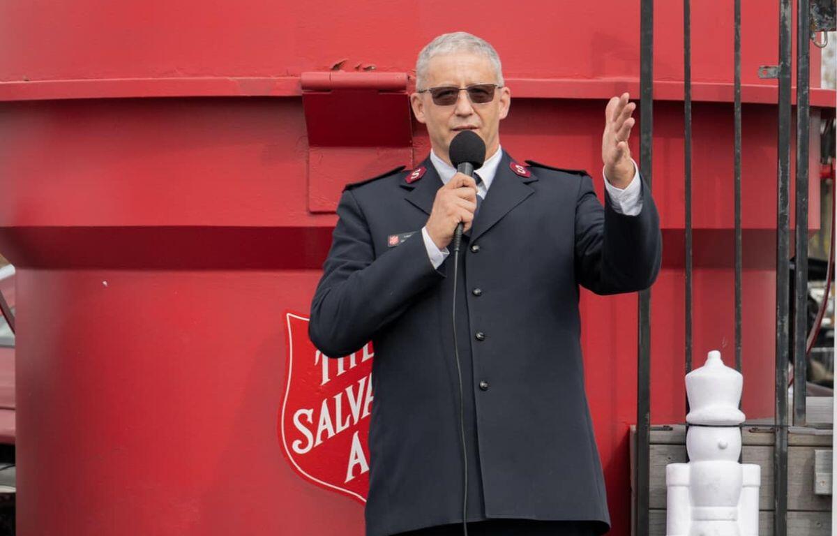 Salvation Army Lieutenant Doug Ingold speaks at the kickoff event for the annual Red Kettle Campaign.
