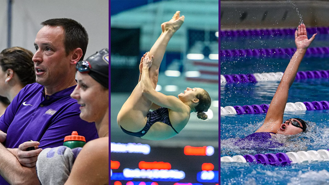 James Madison University swimmers holding poses for points.