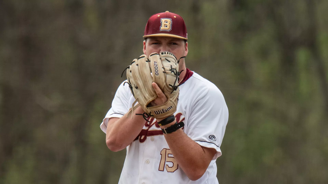 Bridgewater College Baseball Player holding ball in glove