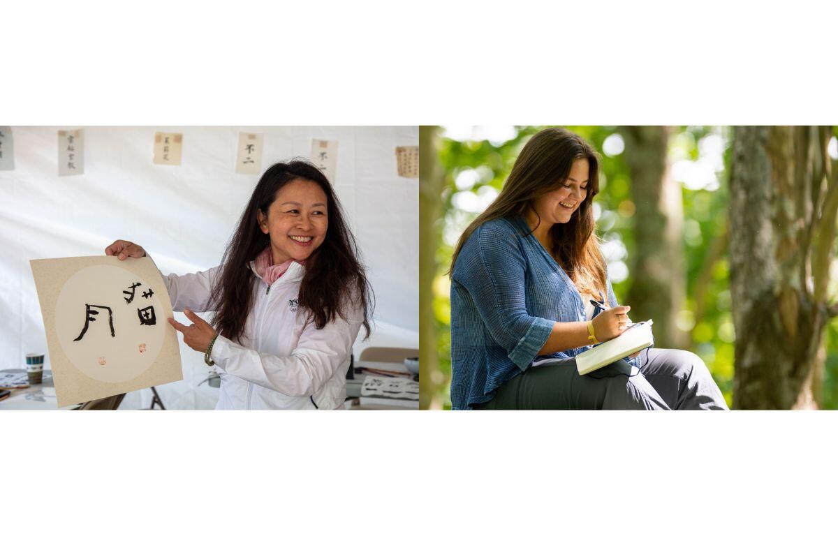 Ines Sun (left), calligrapher, 2023 Artist in Residence and Jo Clark (right), poet, 2024 Artist in Residence