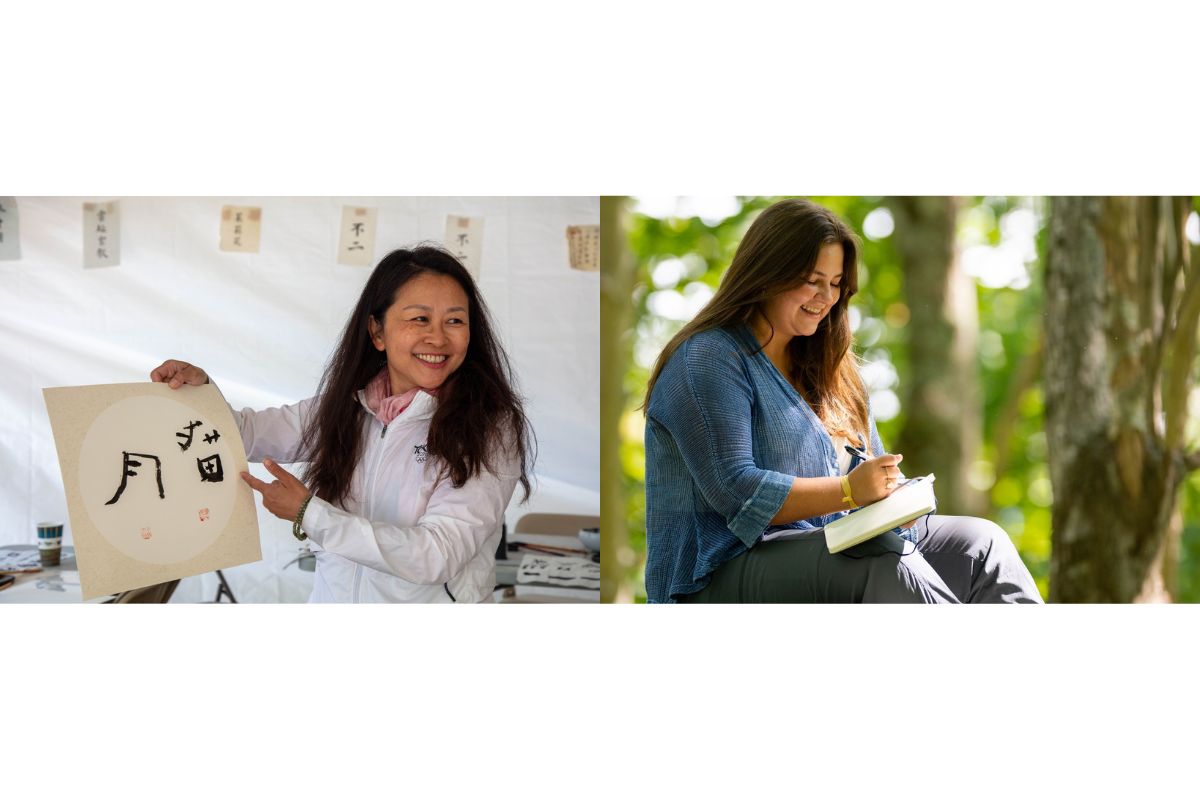Ines Sun (left), calligrapher, 2023 Artist in Residence and Jo Clark (right), poet, 2024 Artist in Residence