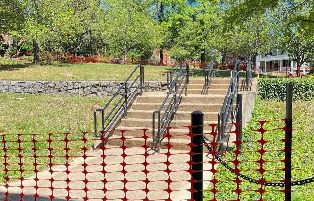 Concrete stairs leading up to where Friends of the Staunton Library Terrace will be built.