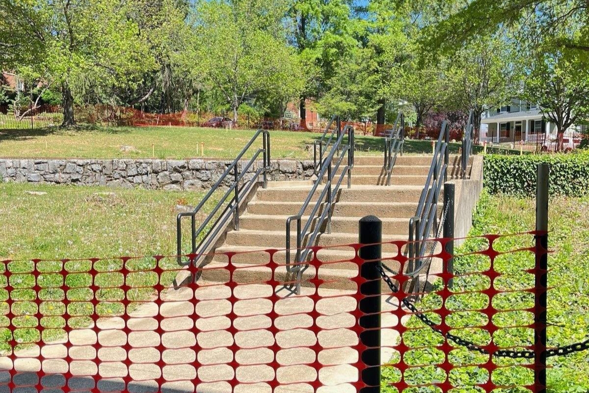 Concrete stairs leading up to where Friends of the Staunton Library Terrace will be built.