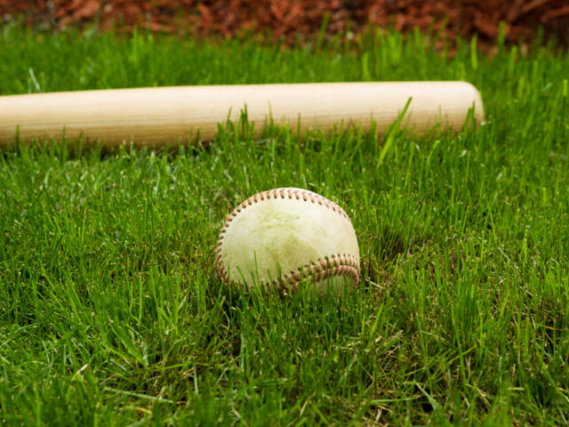 Closeup horizontal photo of old baseball in front of wooden bat on natural grass field