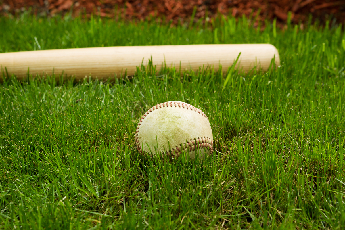 Closeup horizontal photo of old baseball in front of wooden bat on natural grass field