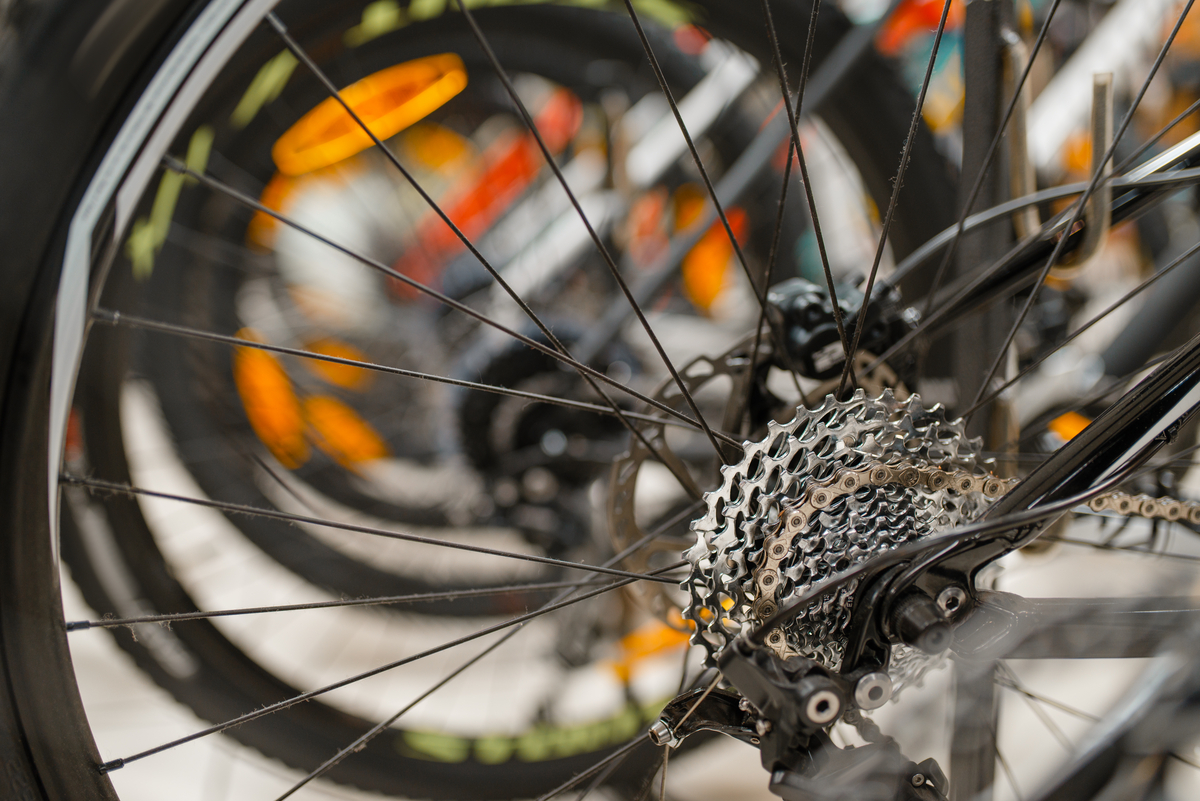 Mountain cycle in sports shop, focus on rear wheel