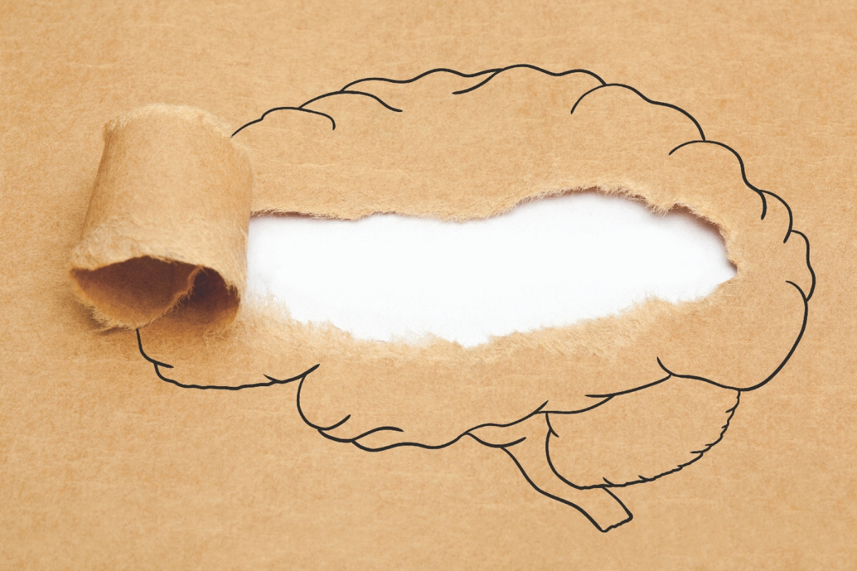 A drawing of a brain with the paper ripped.