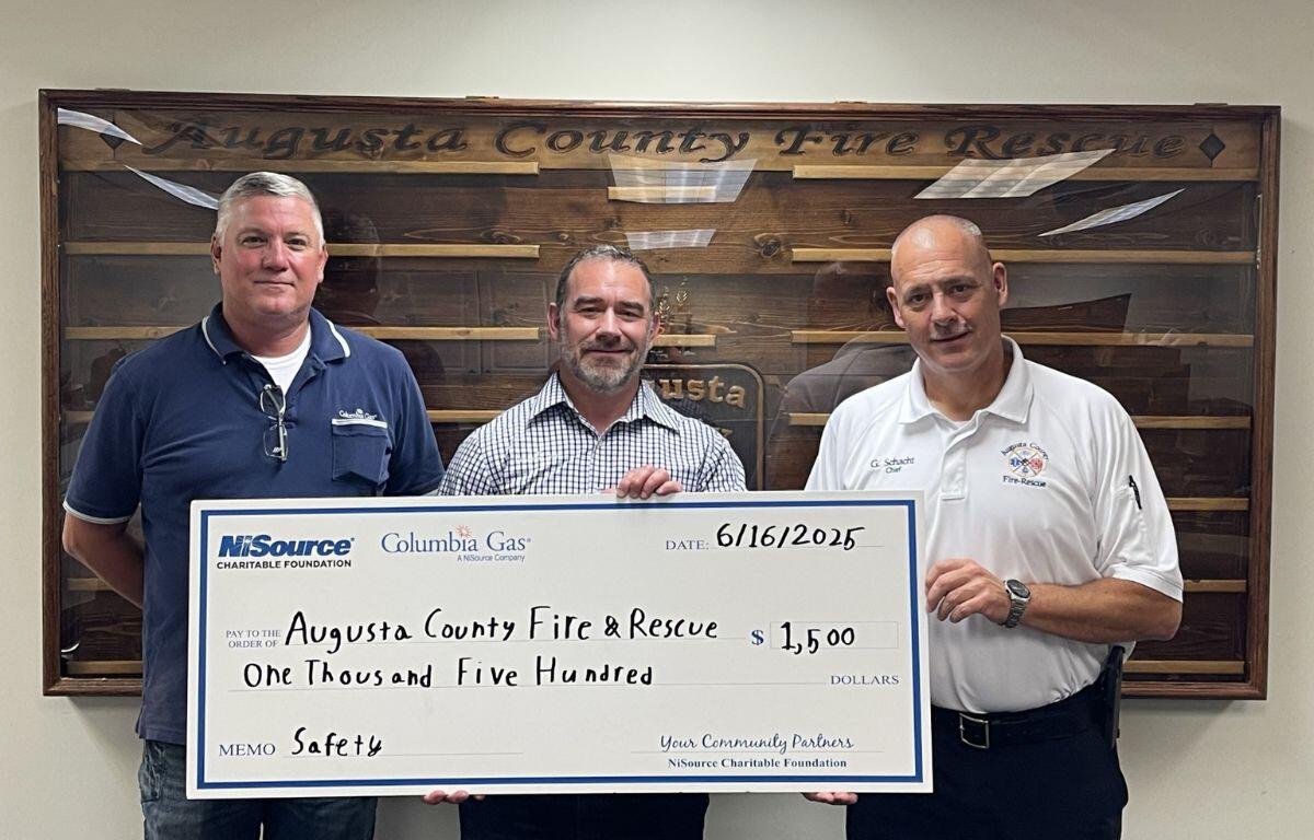 Left to Right: Columbia Gas of Virginia Field Operations Leader Joe Pelletier, Columbia Gas of Virginia Vice President of Gas Operations Aaron Boeke, Augusta County Fire-Rescue Chief Greg Schacht; Columbia Gas of Virginia presents Augusta County Fire-Rescue with a check for a Columbia Gas Volunteer Fire Department grant.   