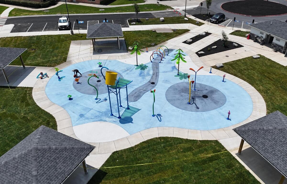An overhead shot of the Ralph Sampson Park Spraygrounds.