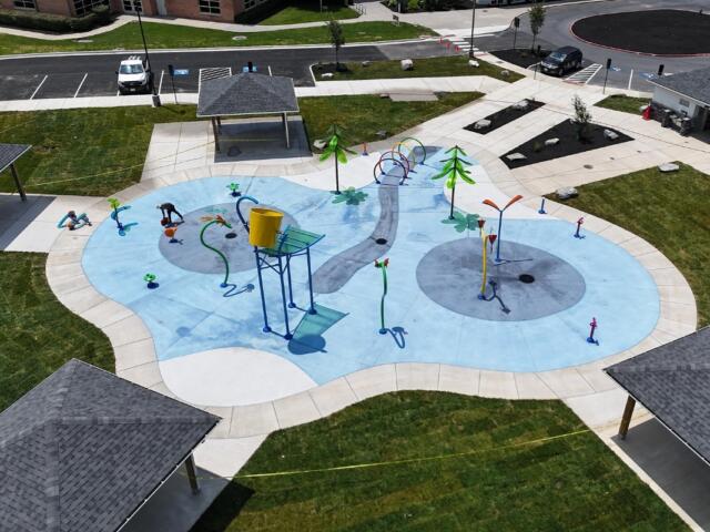 An overhead shot of the Ralph Sampson Park Spraygrounds.