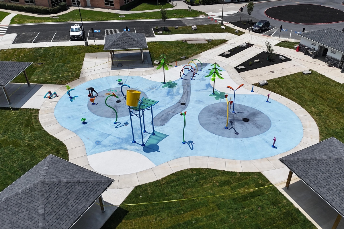 An overhead shot of the Ralph Sampson Park Spraygrounds.