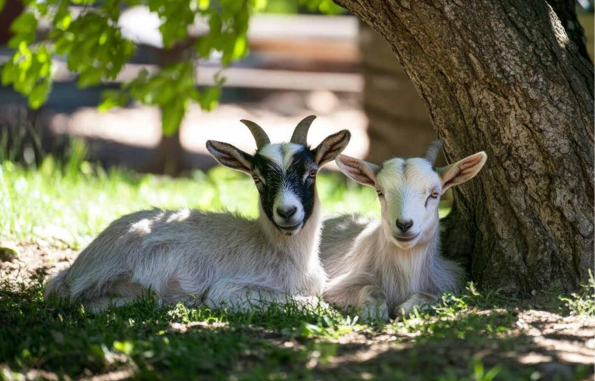 Two goats sit under a tree to beat the heat.