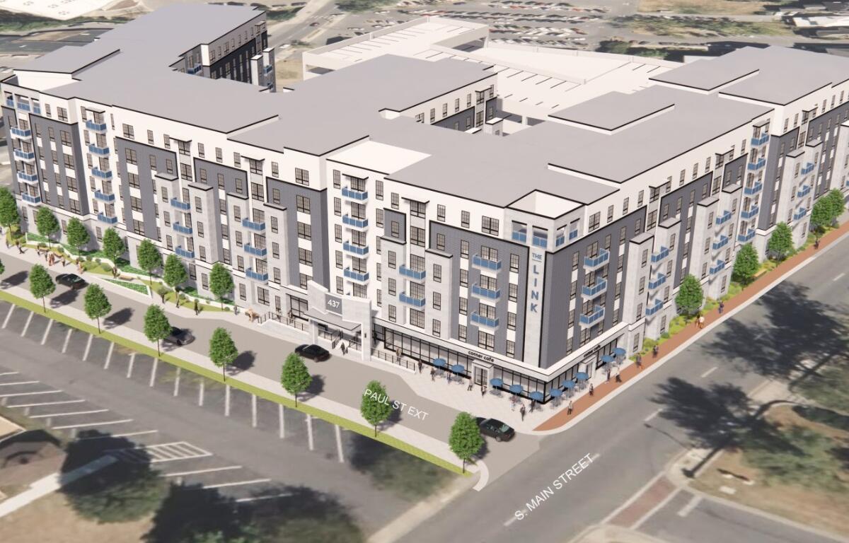 A computer generated image of the 265 apartment complex.