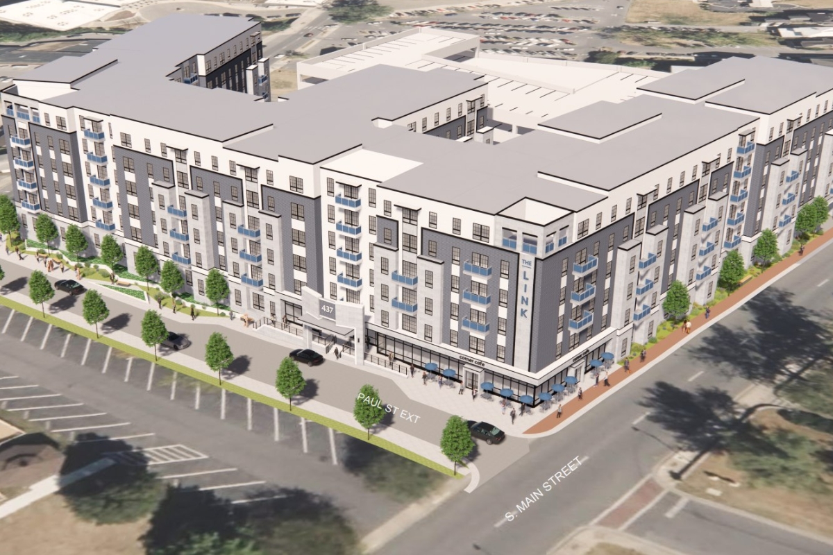 A computer generated image of the 265 apartment complex.