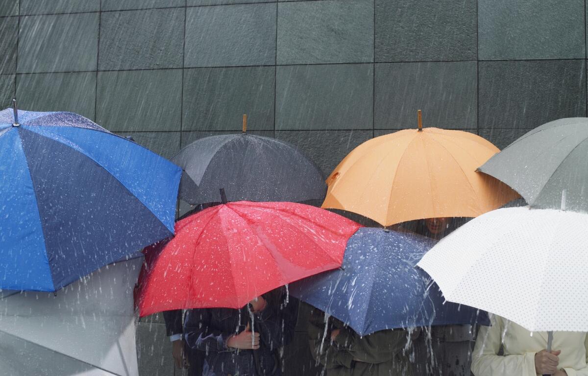 Many people standing under umbrellas with rain pouring down.