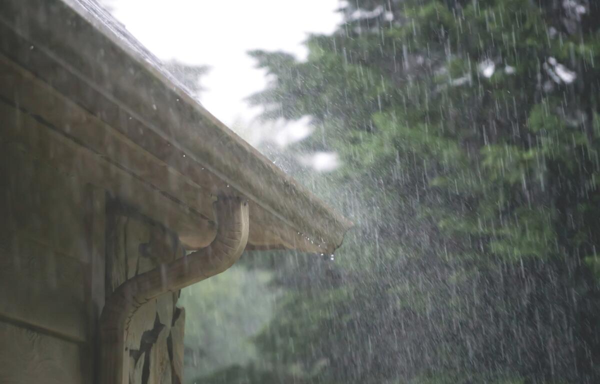 Heavy rain pours out of a gutter on a house
