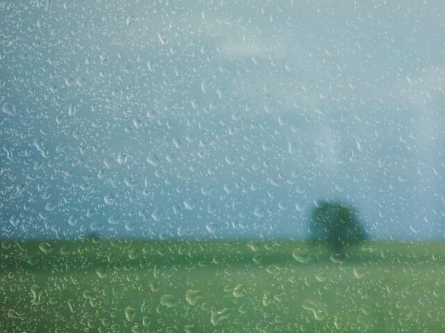 Rain drops on a window overlooking a grassy field.
