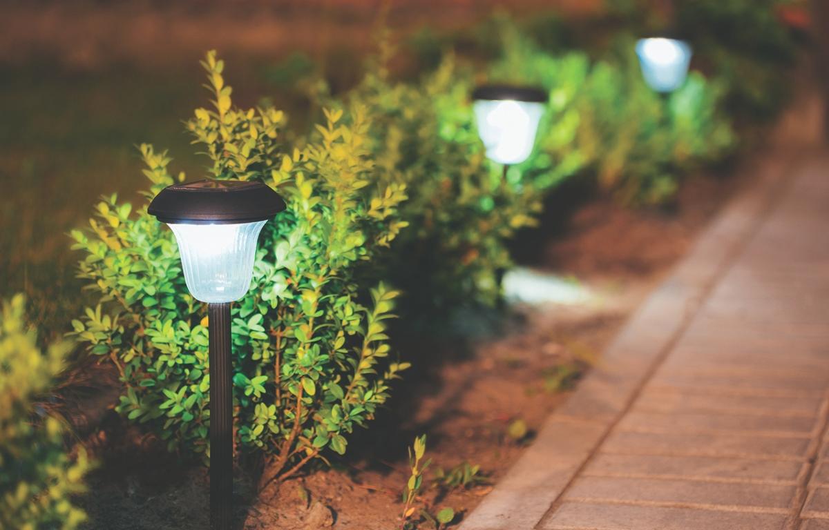 Small lights along a stone path.
