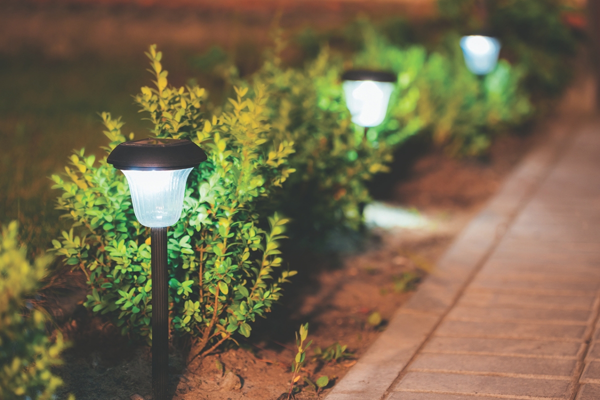 Small lights along a stone path.