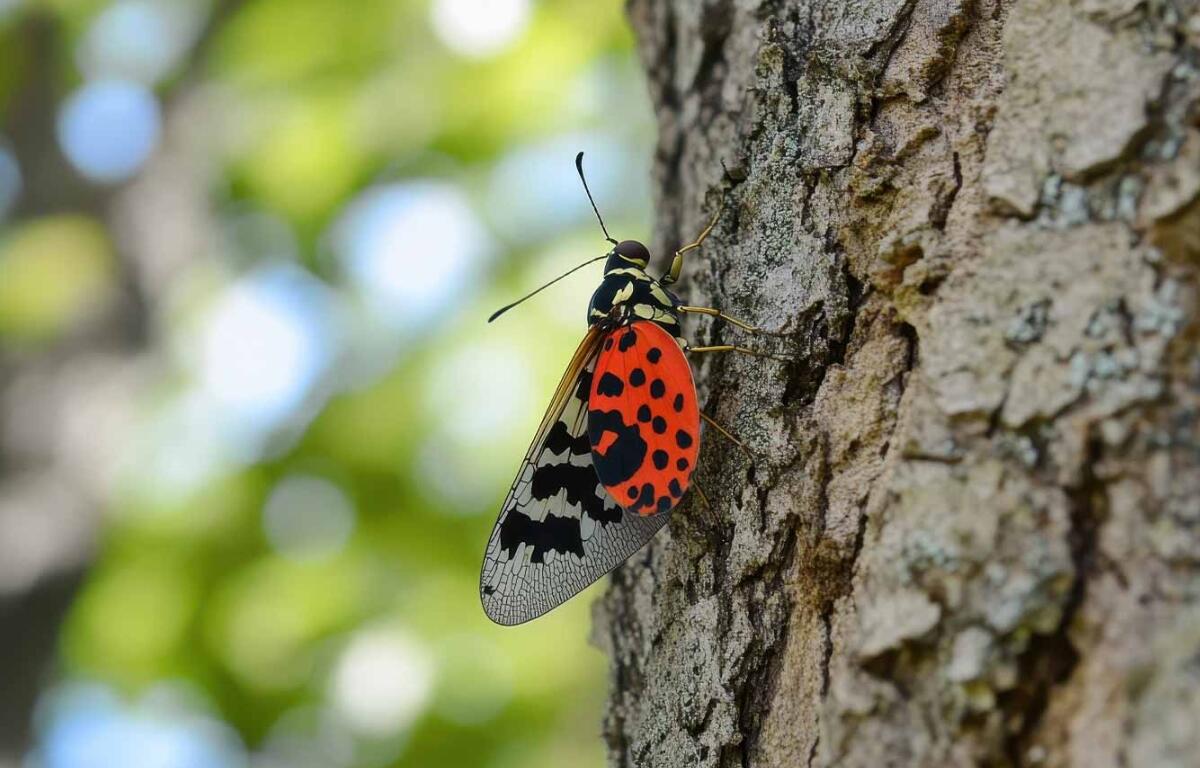 Up close of a spotted lanternfly on a tree.