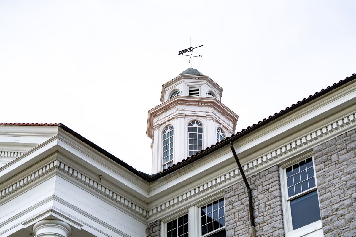 Upwards view of Wilson Hall at James Madison University