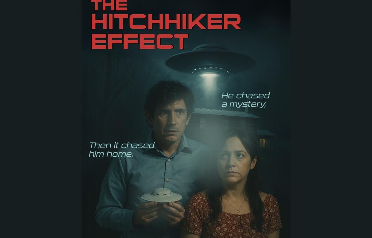 The movie poster for The Hitchhiker Effect featuring a man and woman looking afraid and a UFO saucer behind them in the sky.