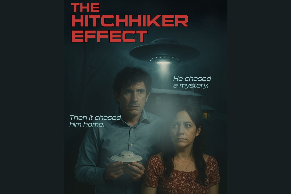 The movie poster for The Hitchhiker Effect featuring a man and woman looking afraid and a UFO saucer behind them in the sky.