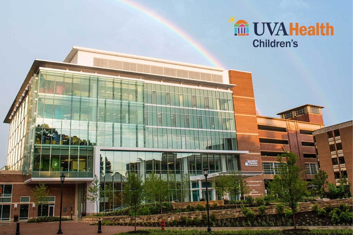 UVA Health Children's hospital with a rainbow above it.