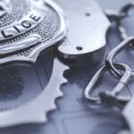 Up close of a police badge and handcuffs.