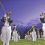 A marching band on a field.