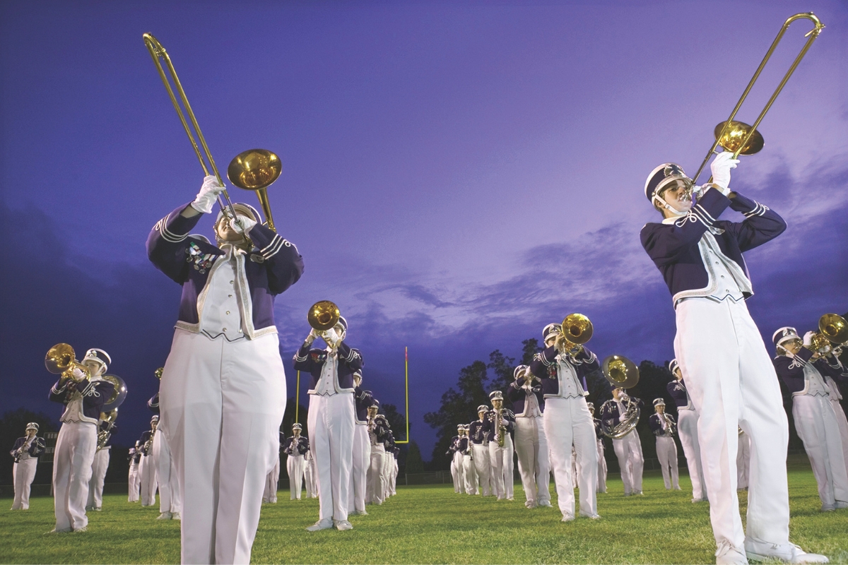 A marching band on a field.