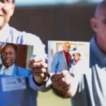 Jose Gomez, left, and John Woodrum hold up pictures of Tony Hamilton, left, and his parents Alphonso and Catherine "Kitty"Hamilton. 