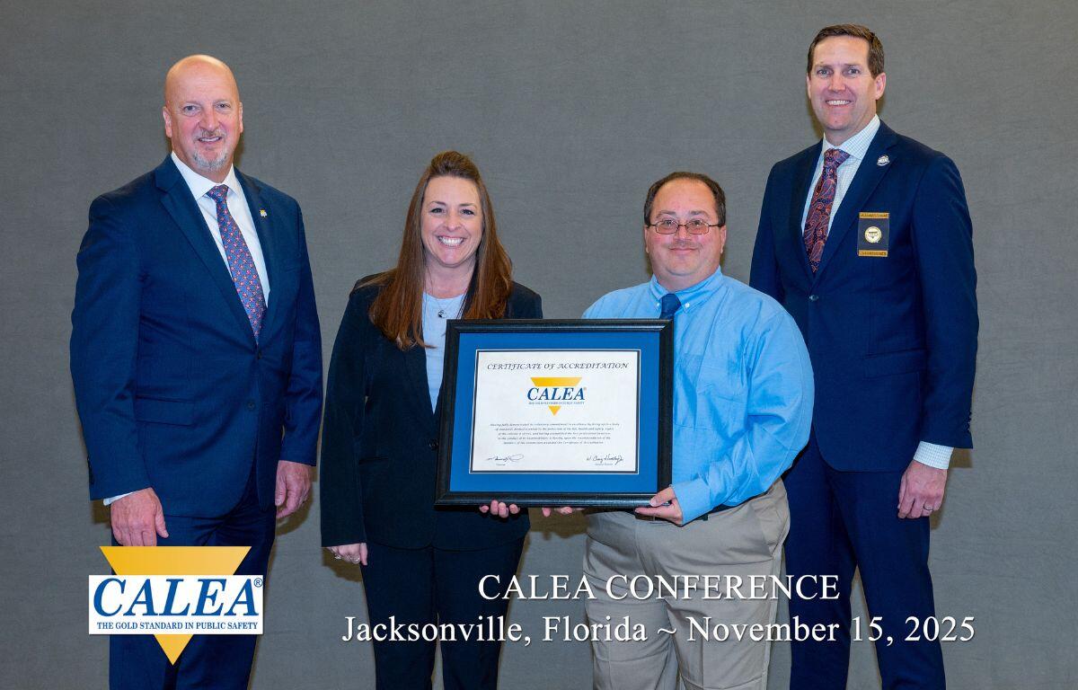 (From left) CALEA Executive Director Craig Hartley, HRECC Accreditation Manager April Corbin, HRECC Interim Director Ben Zimmerman and CALEA President Matthew Packard at this year’s CALEA conference. H