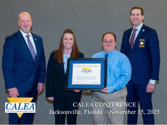 (From left) CALEA Executive Director Craig Hartley, HRECC Accreditation Manager April Corbin, HRECC Interim Director Ben Zimmerman and CALEA President Matthew Packard at this year’s CALEA conference. H