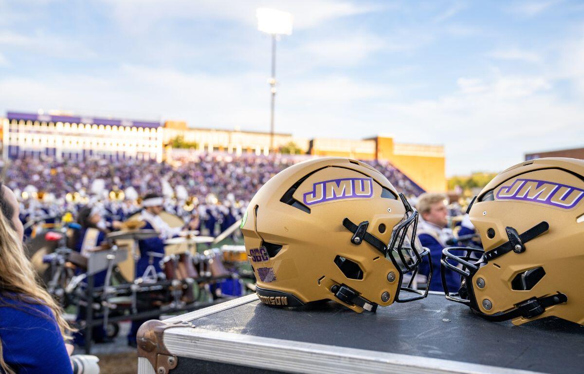Closeup of JMU football helmets