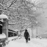 A person walking in a snow storm.
