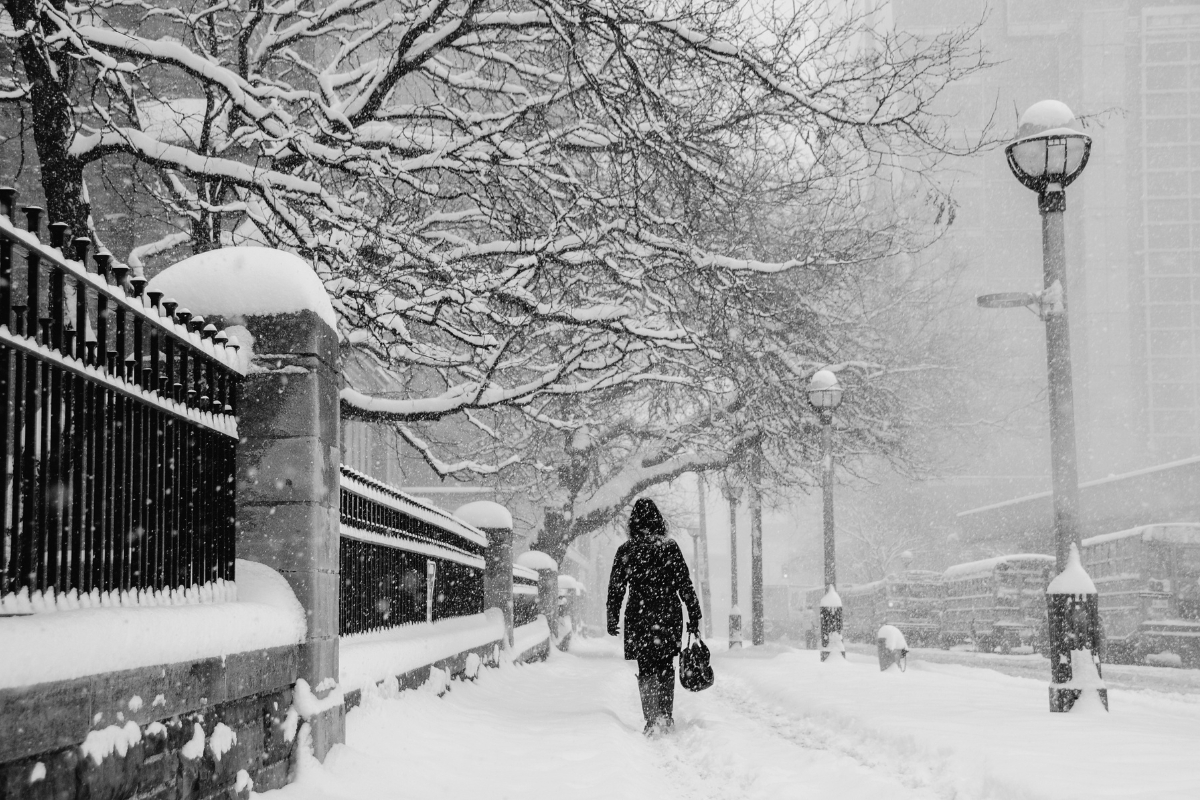 A person walking in a snow storm.