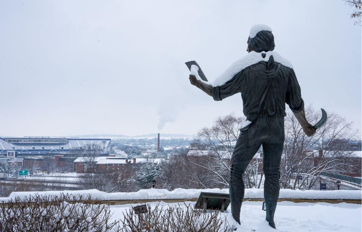 James Madison statue in the snow