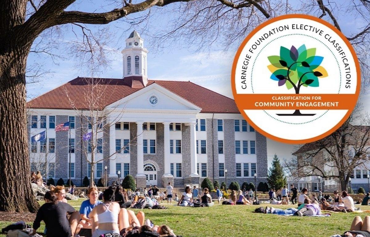 Photo of JMU campus with Carnegie Certification graphic in the corner