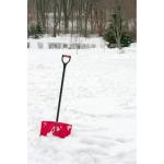 Red plastic shovel with black handle stuck in fluffy white snow.