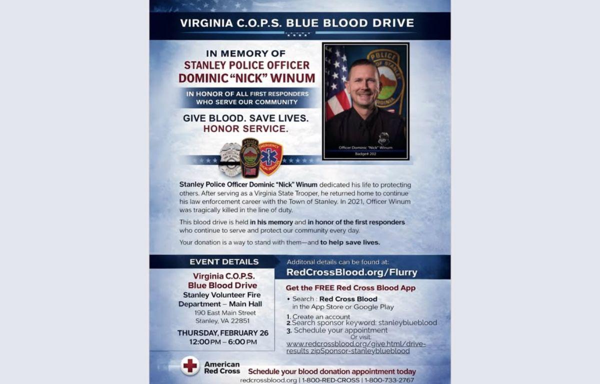 Stanley Police Department Blood Drive poster