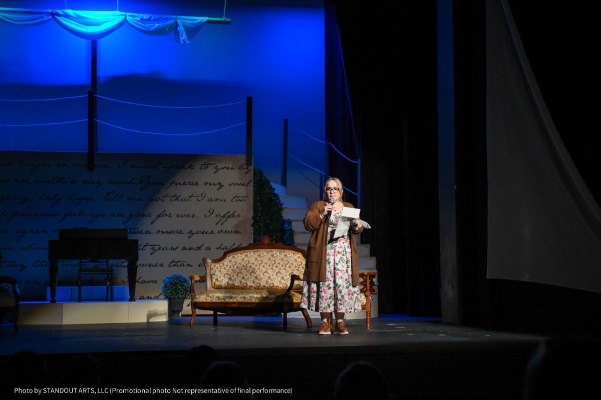 Lesley Larsen speaking during the "Persuasion" press showcase