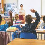 Students raise their hands in a classroom.