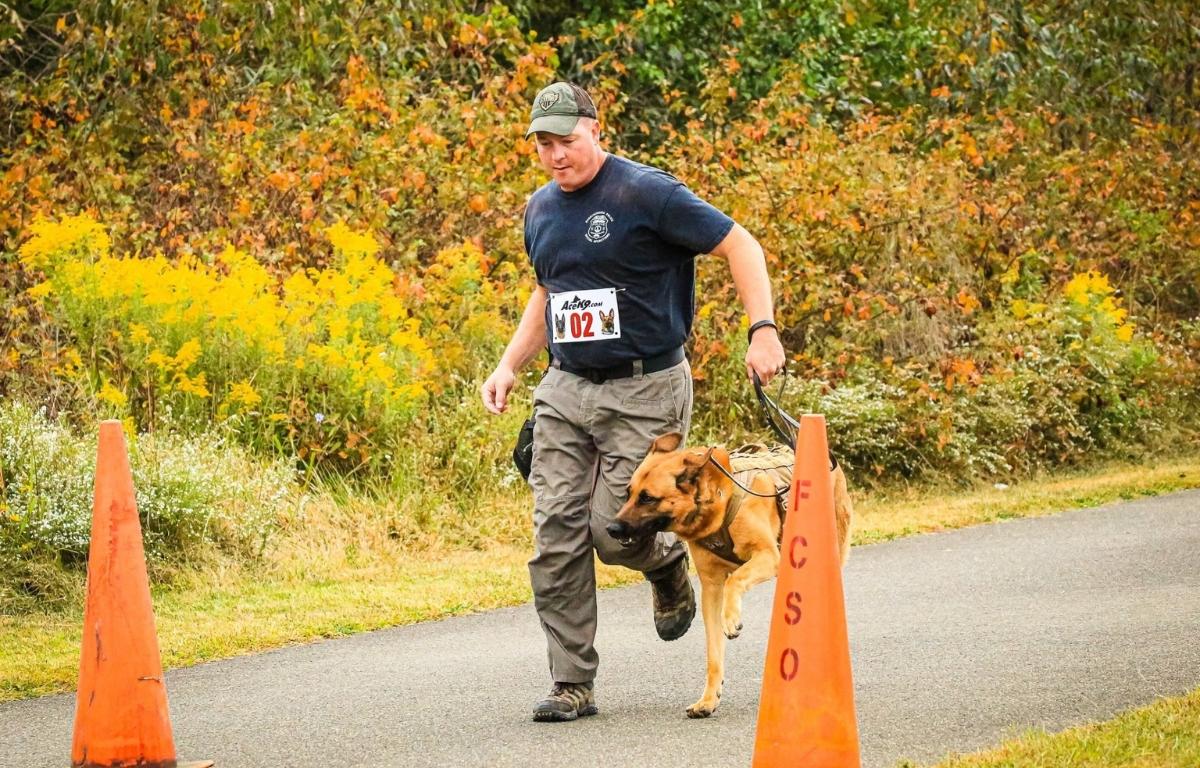 Tyr running with his handler.