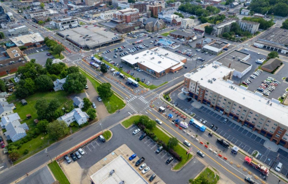A bird's eye view of North Mason Street in Harrisonburg.