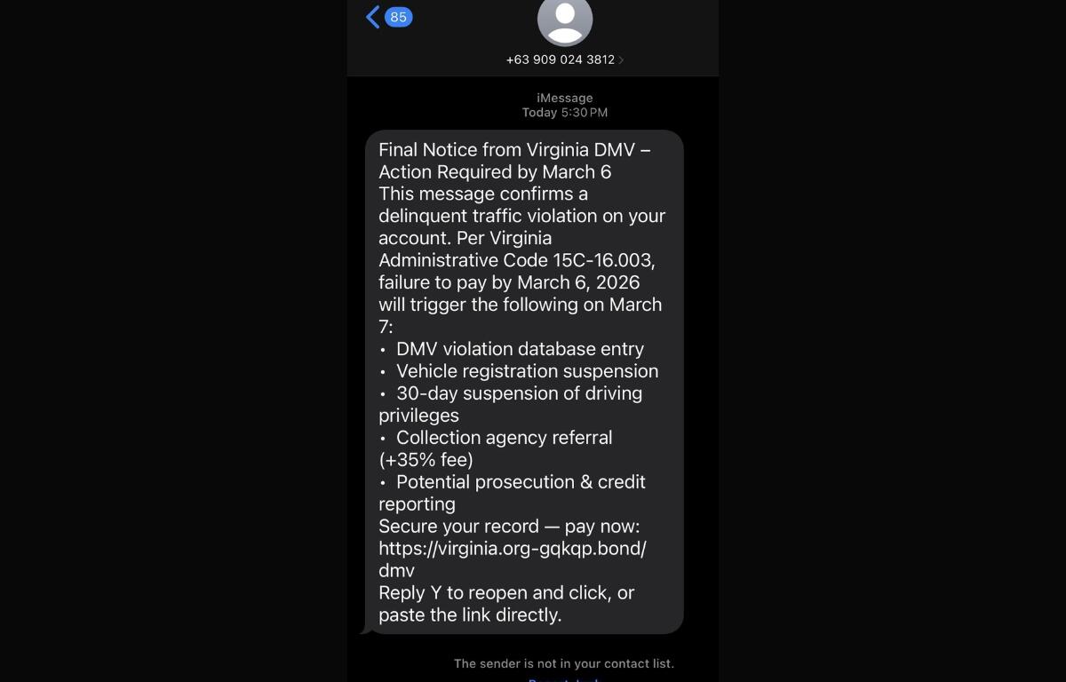 A screenshot of a scam text