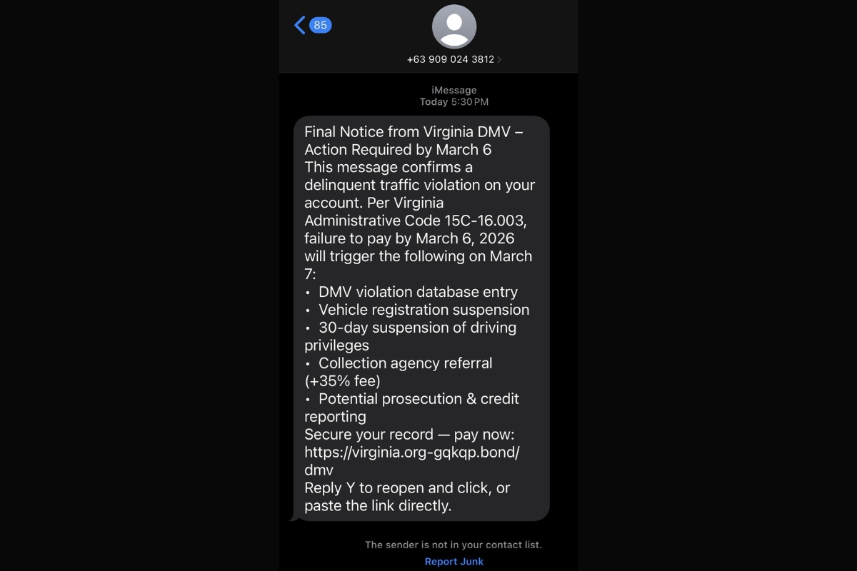 A screenshot of a scam text