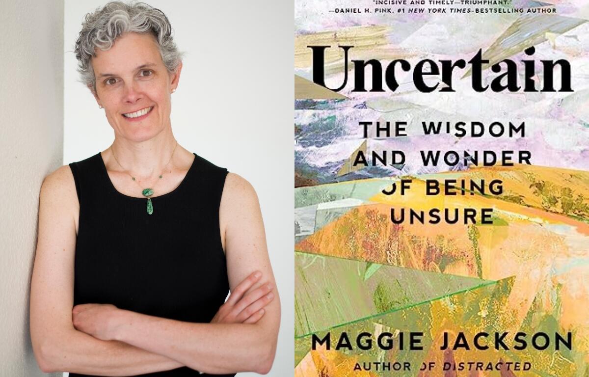 Headshot of Maggie Jackson and the cover of her book Uncertain.