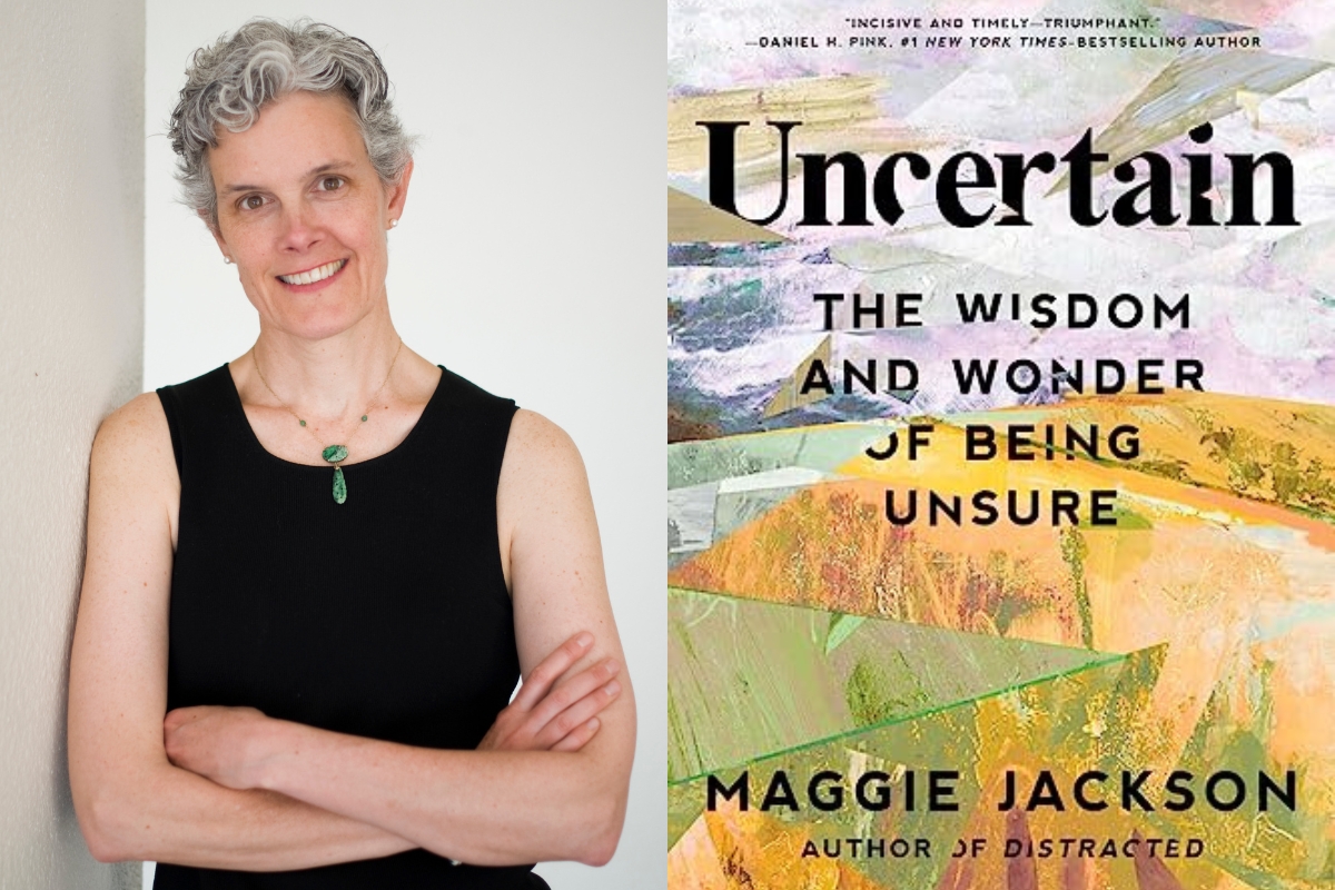 Headshot of Maggie Jackson and the cover of her book Uncertain.
