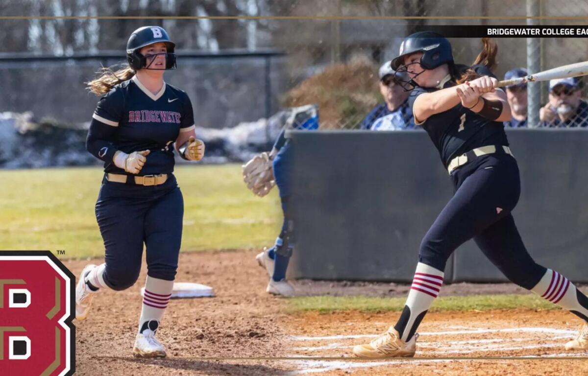 Bridgewater College softball: batter swinging at a pitch as a teammate runs toward home, with a large B logo in the corner.